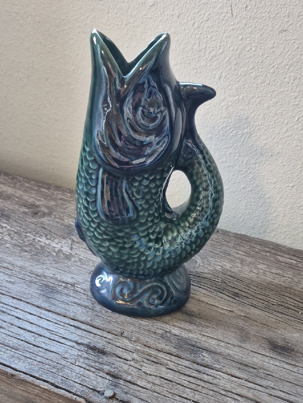 Gurglepot GURGLING Fish-Shaped Ceramic Pitcher Teal Green/Blue , Very Uniquie